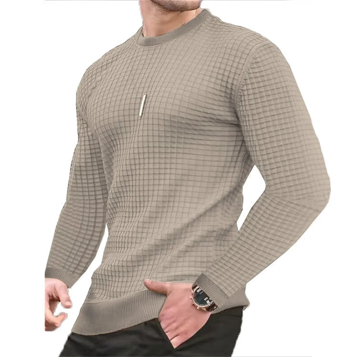 Men's coat fashion small check Waffle youth round neck jacquard check hoodie - Image 1