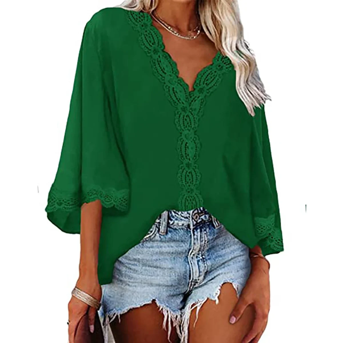 Europe and the United States spring and summer new women's shirt flared sleeve V-neck lace lace loose shirt woman - Image 5