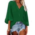 Europe and the United States spring and summer new women's shirt flared sleeve V-neck lace lace loose shirt woman - Image 5
