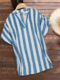 Summer New Women's Striped Pullover T-Shirt V-Neck Short Sleeve Casual Tops Polyester