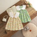 Newborn Girl Dress Yellow Flower Printed Dresscute Bow Doll Collar Dress For Girl Summer Travel Costume