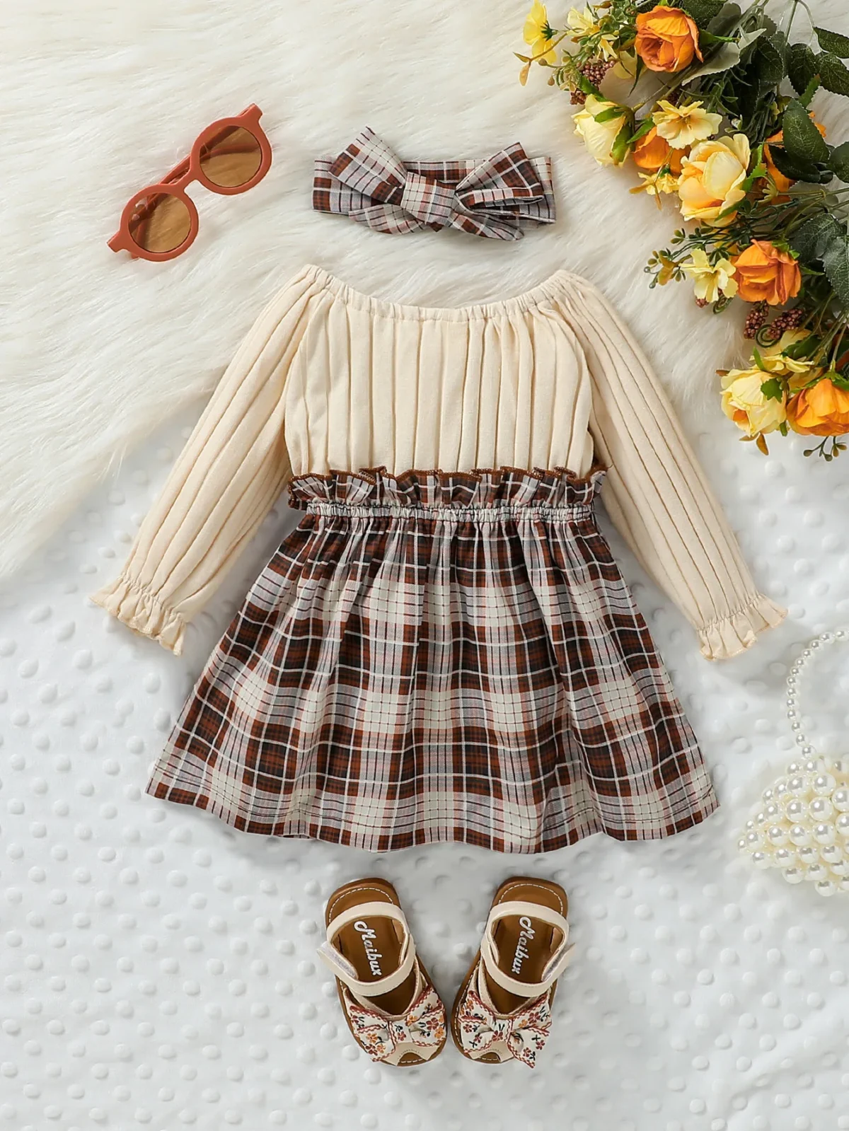 New Baby Girls Autumn Long Sleeve With Bow Plaid Fahion Cute Dress - Image 2