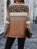 Plus Size Casual T-shirt Women's Plus Colorblock Leopard Print Long Sleeve Round Neck Slight Stretch T-shirt - Image 4