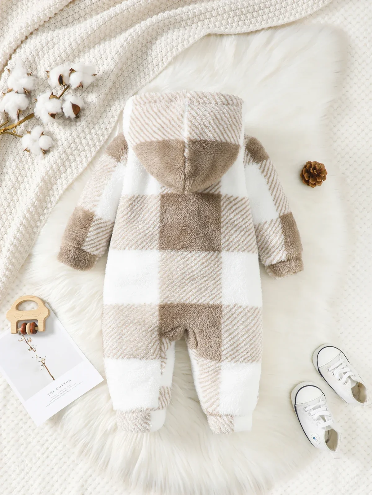 3-24 Months Baby Boys&Girls Romper Plaid Hooded Long Sleeved Plush Jumpsuit Winter Warm Bodysuit Clothes for Toddler Boy&Girl - Image 6