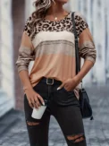 Plus Size Casual T-shirt Women's Plus Colorblock Leopard Print Long Sleeve Round Neck Slight Stretch T-shirt - Image 2