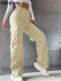 High Street Vintage Pants Fashion Solid High Elastic Waist Pocket Straight Cargo Pant Casual Office Lady Streetwear Y2K Trousers - Image 6