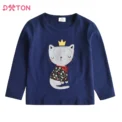 Spring Autumn Girls Tops Long Sleeve Kids Cotton T-shirts Cat Print Applique Children Casual Tees School Home Kids Wear