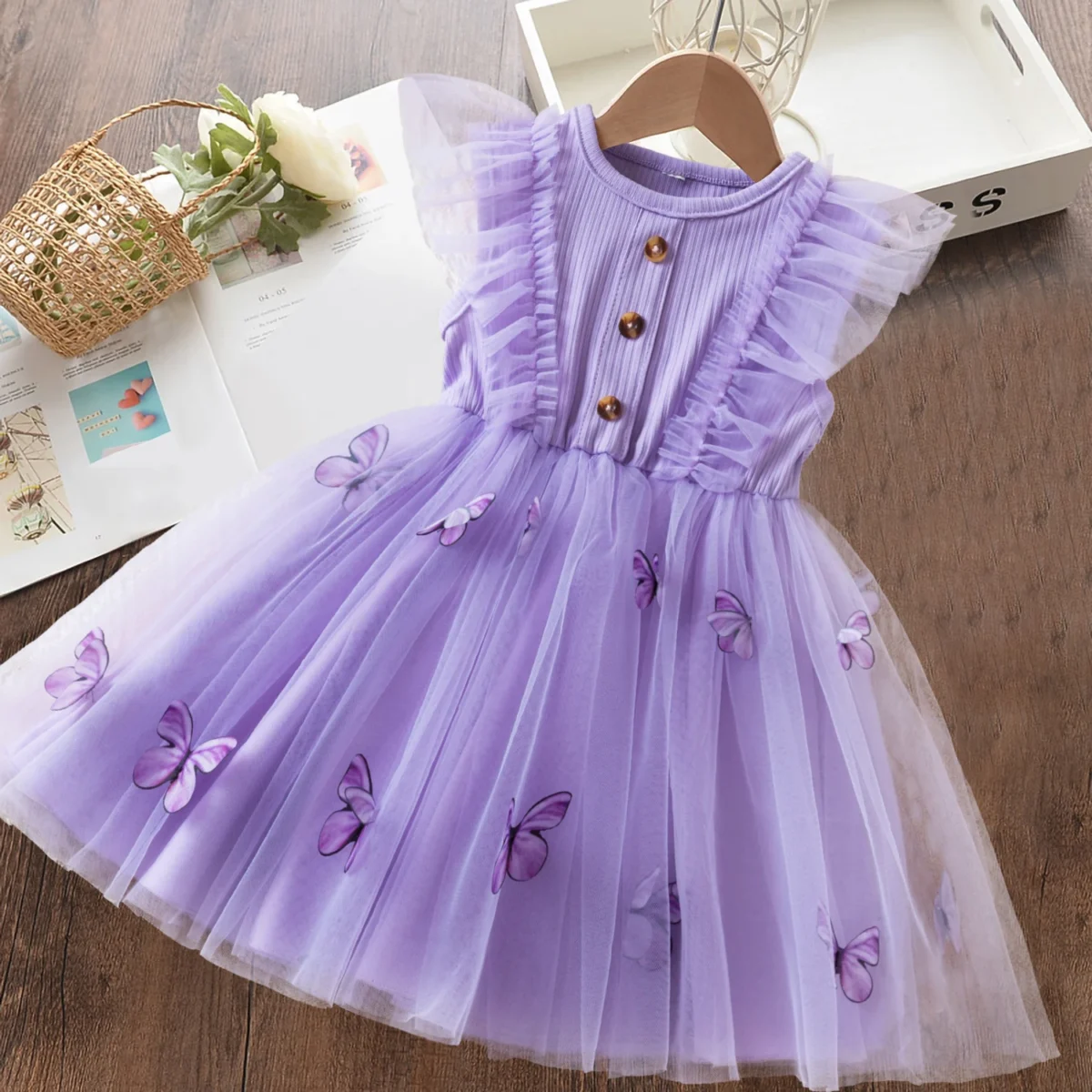 Summer Princess Dress for Girls New Butterfly Mesh Flying Sleeves Dress Girls Fashio Cute Girls Summer Casual Wear - Image 1