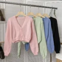 Women Autumn Long Sleeve Sweater Cardigan Sexy V-Neck Button Down Cropped Jacket Sweet Solid Candy Color Loose Knitted Outwear - Image 6