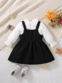2-Piece Baby Girl Spring and Autumn Sweet New Style Beautiful Casual White Long Sleeve Black Strap Skirt Comfortable - Image 2
