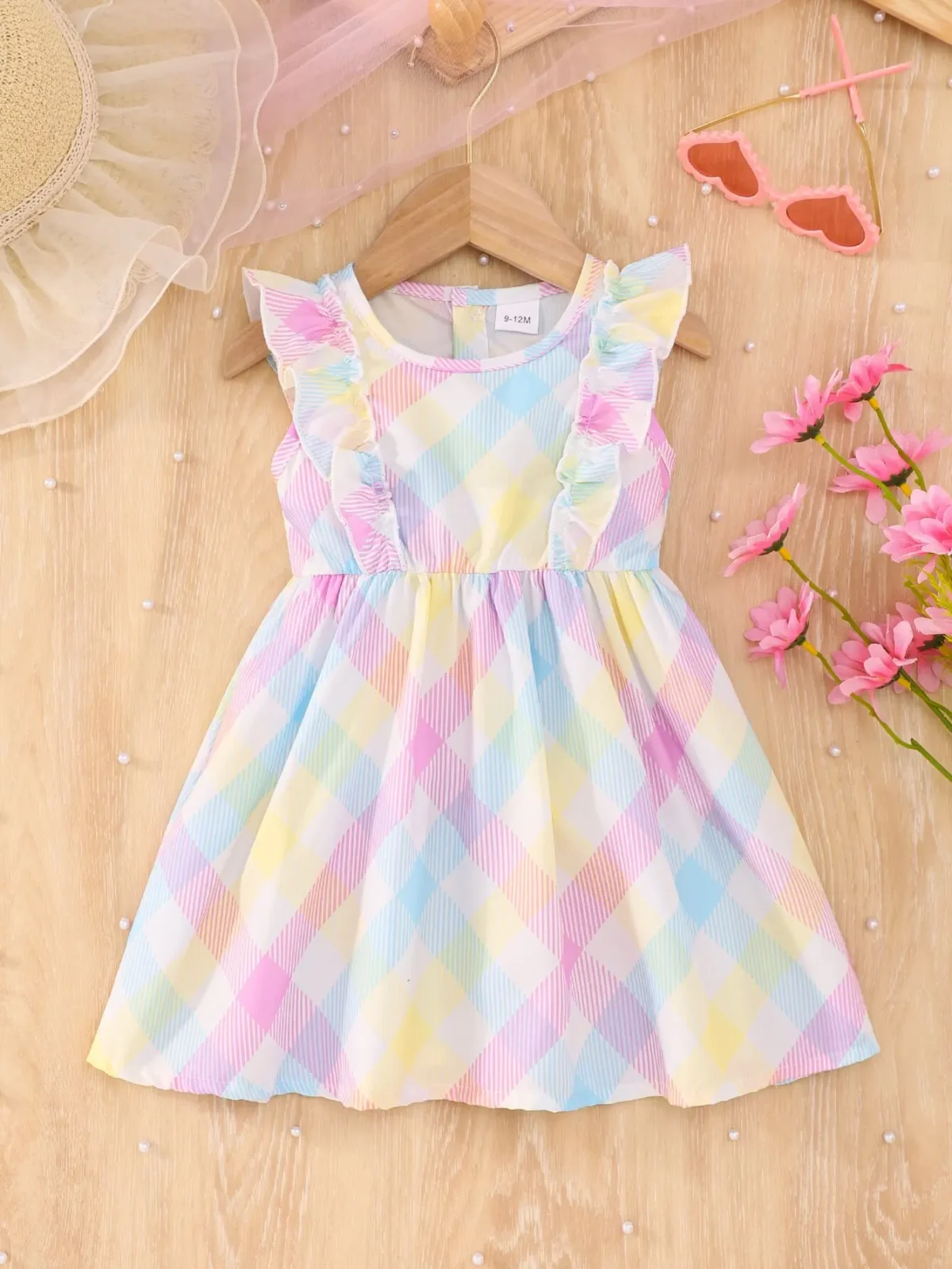 Summer Flying Sleeveless Pink Blue Plaid Full Print Dress Version Slim And Simple For Baby Girls Outdoor Travel Holiday Dress - Image 1
