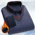 Men's Plaid Pullover Knit Polo Shirts Fleece Lined Sweaters Knitted Bottom Shirts Dad Warm Pullovers Knitwear - Image 4