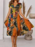 Plus Size 2025 Summer New Women's V-neck Short Sleeve Printed Pattern Casual Loose Short Sleeve Pullover Dresses - Image 2