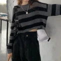 New Korean Style Striped Cropped Sweater Women Vintage Oversize Knit Jumper Female Autumn Long Sleeve O-neck Pullovers Tops - - Image 5