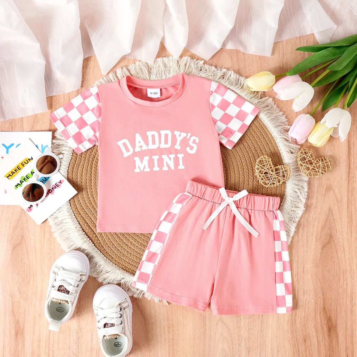 2PCS Summer 0-4 Years Old Cute Fashion Trend Baby Girls Universal Comfortable Soft Daddys Mini Letter Multicolor Plaid Set - - Image 3