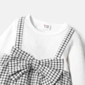 PatPat 3pcs Baby Girl Solid Cotton Ribbed Long-sleeve Faux-two  Print Bow Front Top and Flared Pants & Headband Set - Image 3