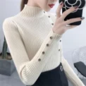 Women Autumn Knitted Slim Sweaters Solid Knitted Female Cotton Soft Elastic Color Pullovers Button Full Sleeve Turtleneck - Image 4