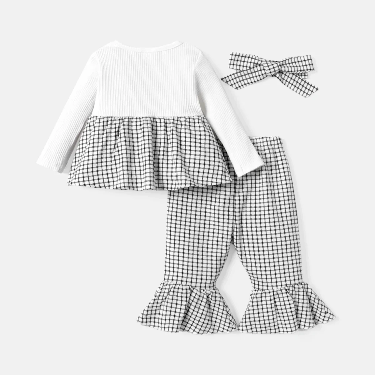 PatPat 3pcs Baby Girl Solid Cotton Ribbed Long-sleeve Faux-two  Print Bow Front Top and Flared Pants & Headband Set - Image 2