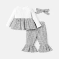 PatPat 3pcs Baby Girl Solid Cotton Ribbed Long-sleeve Faux-two  Print Bow Front Top and Flared Pants & Headband Set - Image 2