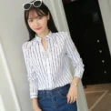 Women White Tops Blouses Fashion Stripe Print Casual Long Sleeve Office Lady OL Shirts Slim Blusas - Image 3