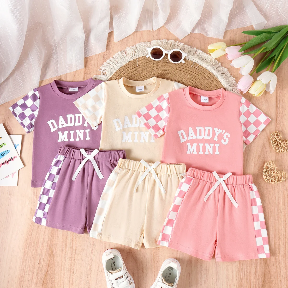 2PCS Summer 0-4 Years Old Cute Fashion Trend Baby Girls Universal Comfortable Soft Daddys Mini Letter Multicolor Plaid Set - - Image 1