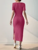 Summer Square Neck, Hip-Hugging Mid-Length Skirt, Short-Sleeved, Versatile Knitted Slit Dress - Image 6