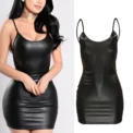 Sexy Faux Leather Dress Backless Club Party Short Dress Solid Black Wet Look Latex Bodycon Push Up Bra Mini Micro Dress - Image 2