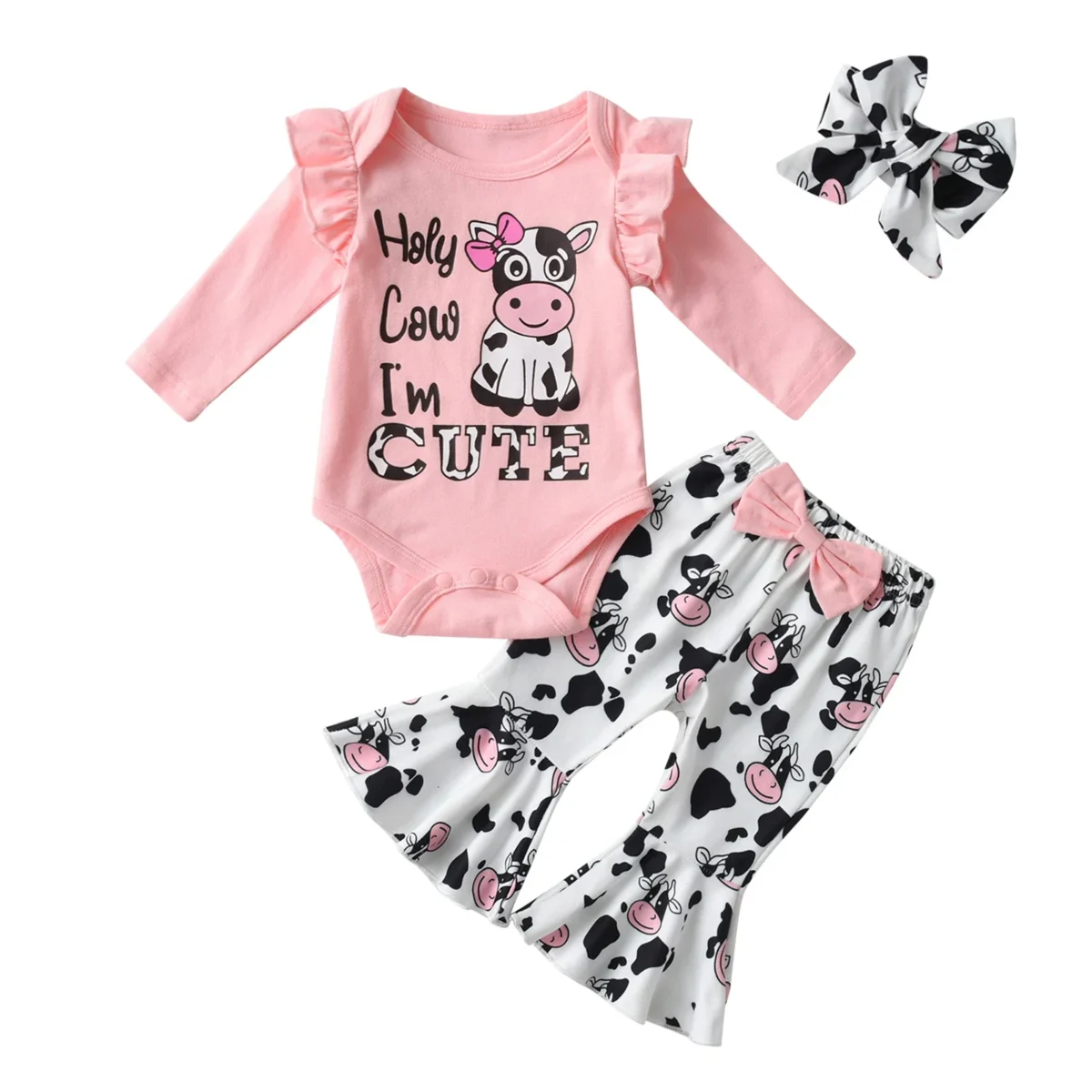 3Pcs Newborn Infant Baby Girls Cute Printed Clothes Set Long Sleeve Romper Top and Flared Pants Headband Spring Autumn Outfits - Image 1