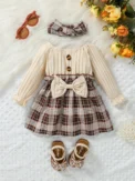 New Baby Girls Autumn Long Sleeve With Bow Plaid Fahion Cute Dress