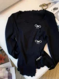 Black/White Solid Lettuce Trim Bowknot Pullover Sweater Y2K Casual Long Sleeve Sweater For Spring & Fall Women's Clothing - Image 2