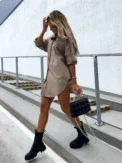 Women's Solid Color Button Front Shirt Dress - Casual Long Sleeve Lapel Dress for Spring & Fall - Image 4