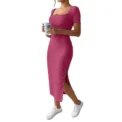 Summer Square Neck, Hip-Hugging Mid-Length Skirt, Short-Sleeved, Versatile Knitted Slit Dress - Image 5