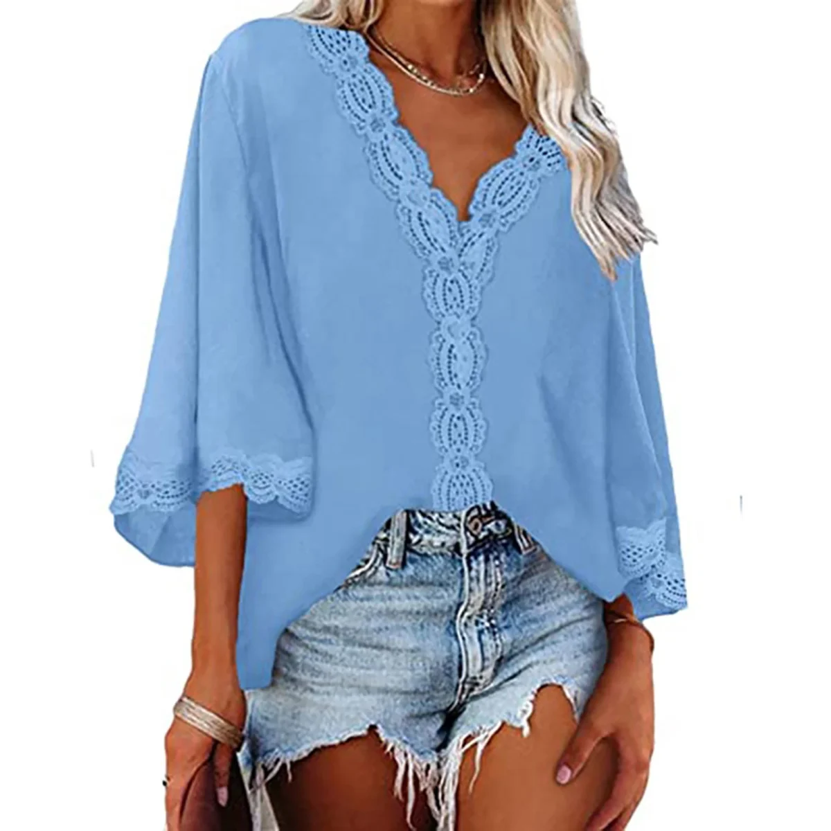 Europe and the United States spring and summer new women's shirt flared sleeve V-neck lace lace loose shirt woman - Image 6