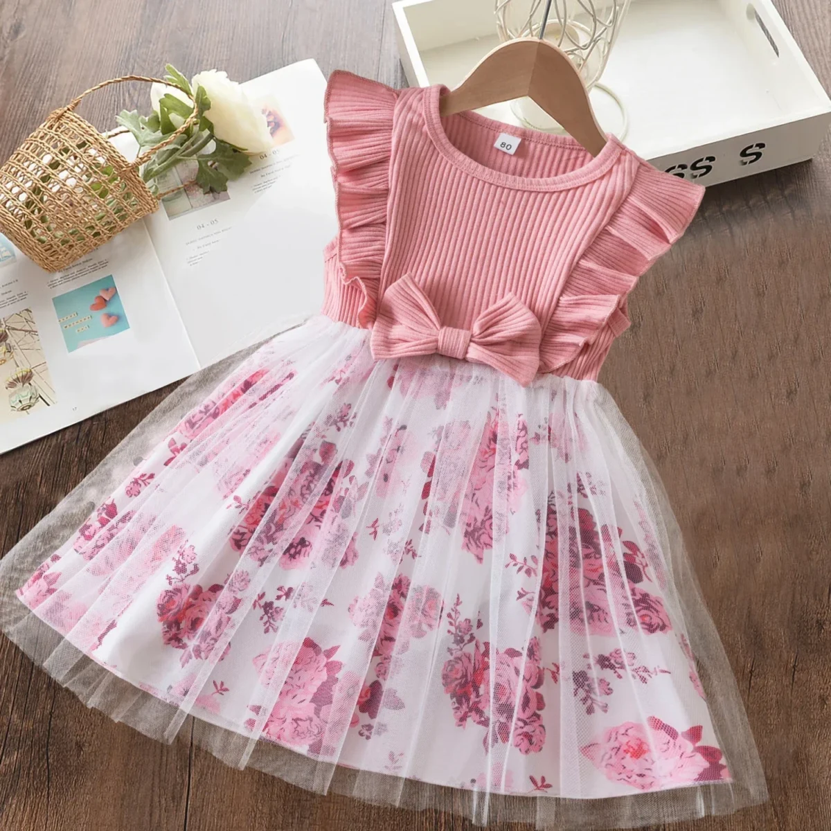 New Butterfly Mesh Flying Sleeve Dress Girls Fashion Dresses Cute Little Girls Summer Casual Wear 1-5Yrs Children's Clothes - Image 3