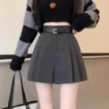Khaki Woolen Mini Shorts Women's High Waist Autumn Winter Outdoor Boot Pants A- Line Wide Leg Casual Pants Skirt - Image 2