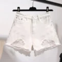 Summer Women's Cowboy Shorts  High Waist Casual Denim Shorts Pocket Tassel Perforated Ripped Holes Y2K Girls White Jeans - Image 2
