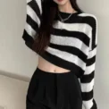 New Korean Style Striped Cropped Sweater Women Vintage Oversize Knit Jumper Female Autumn Long Sleeve O-neck Pullovers Tops -