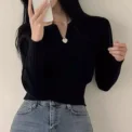 Xpqbb Korean Chic Turndown Collar Sweaters Female Gray Slim Fit Long Sleeve Cropped Sweater for Woman Streetwear Knit Pullovers - Image 6