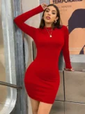 Long Sleeve Slim Bodycon Mini Dress Women Turtleneck Pleated Party Ruched Short Evening Club Outfit Soild Color - Image 5