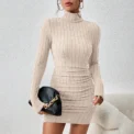 New Solid Dress Women Elegant Party Autumn Winter Turtleneck Long Sleeves Sexy Sheath Mini Dresses Bodycon Club Knitted Dress - Image 2