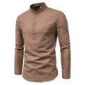 Men's solid color casual slim fitting standing collar long sleeved business shirt shirt - Image 5