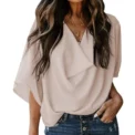 Jocoo Jolee Women Pullover Elegant Blouse Chiffon Flare Sleeve V-Neck Solid Pleated Loose Summer Office Lady Casual Basic Shirt - Image 3