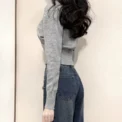 Xpqbb Korean Chic Turndown Collar Sweaters Female Gray Slim Fit Long Sleeve Cropped Sweater for Woman Streetwear Knit Pullovers - Image 2