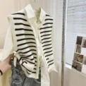 Korean Elegant Chic Knit Vest Stripe Casual Sweet Office Lady Cardigan Women's Sweater Jacket Vintage Basic Tank Top Outerwears