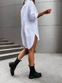 Women's Solid Color Button Front Shirt Dress - Casual Long Sleeve Lapel Dress for Spring & Fall - Image 2