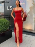 Nibber red black New year christmas party long dresses women spring Basic bodycon lace up stretch Slim midi dresses femme - Image 2