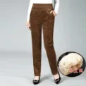 Thin & Plush Thick Casual Pants Fleece Pencil Pants Women's Corduroy Warm High Waist Pants Autumn Winter Leggings Pants Trousers - Image 2