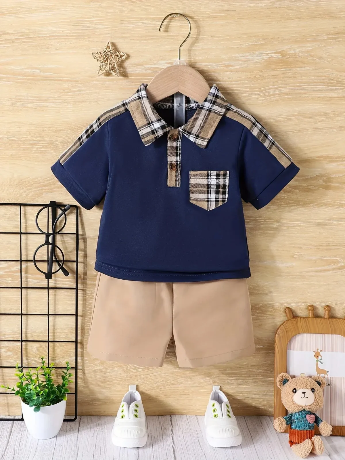 2-Piece Baby Boy Summer School Plaid Collared Short Sleeve Top + Casual Shorts New Fashion Casual Comfort Sports Suit - Image 1