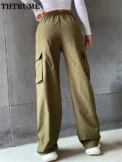High Street Vintage Pants Fashion Solid High Elastic Waist Pocket Straight Cargo Pant Casual Office Lady Streetwear Y2K Trousers - Image 5