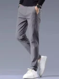 Men's casual pants, semi elastic waistband, nylon ice silk elastic straight tube, light gray, business gentleman, summer casual - Image 4